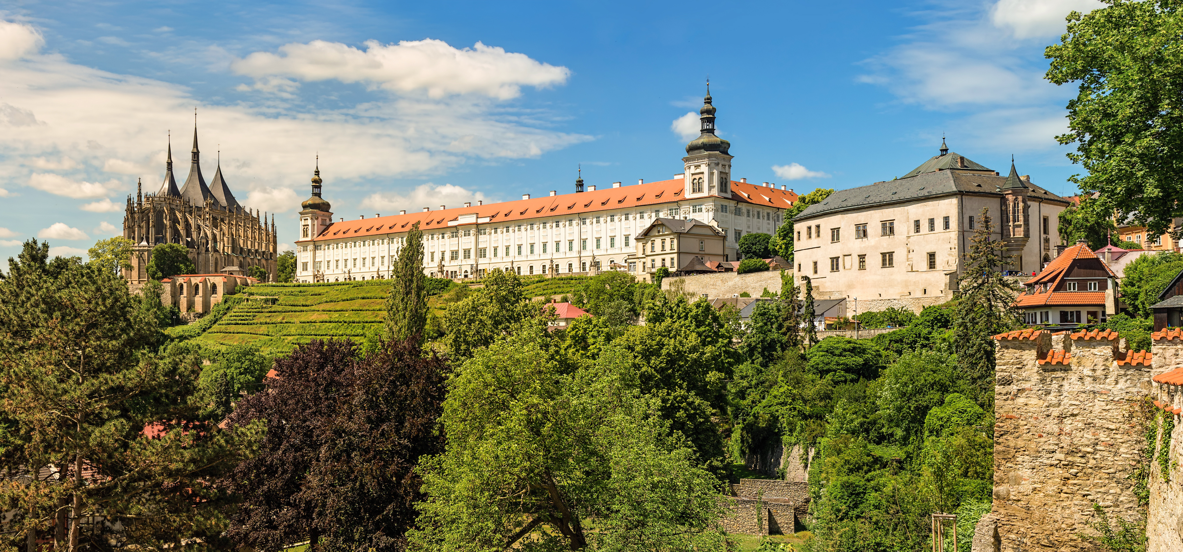 St. Barbara’s Cathedral and Jesuit College in Kutná Hora with vineyard terraces in daylight