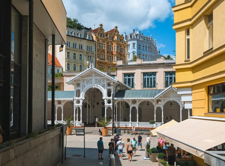 Charming Karlovy Vary architecture in summer — spa hotels along the Teplá River