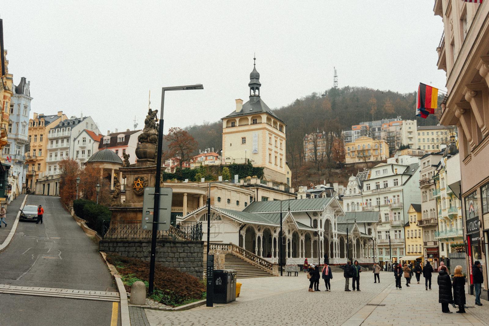 Charming street view in Karlovy Vary spa town Czech Republic