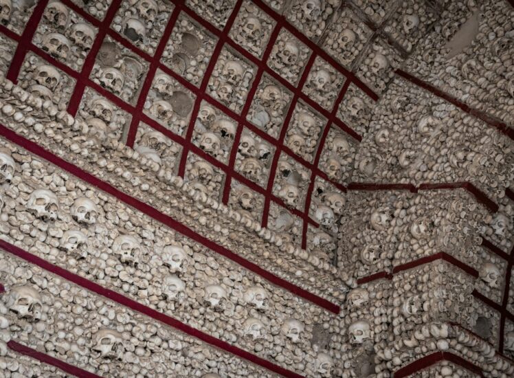Interior of Sedlec Ossuary bone church in Kutná Hora with bone decorations