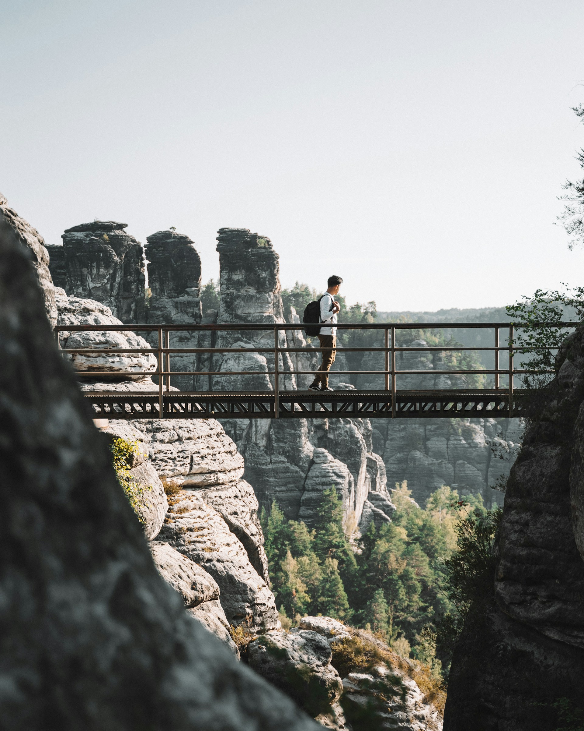 Hiker exploring lush forest path with rocky formations on hiking trail in Czech Republic