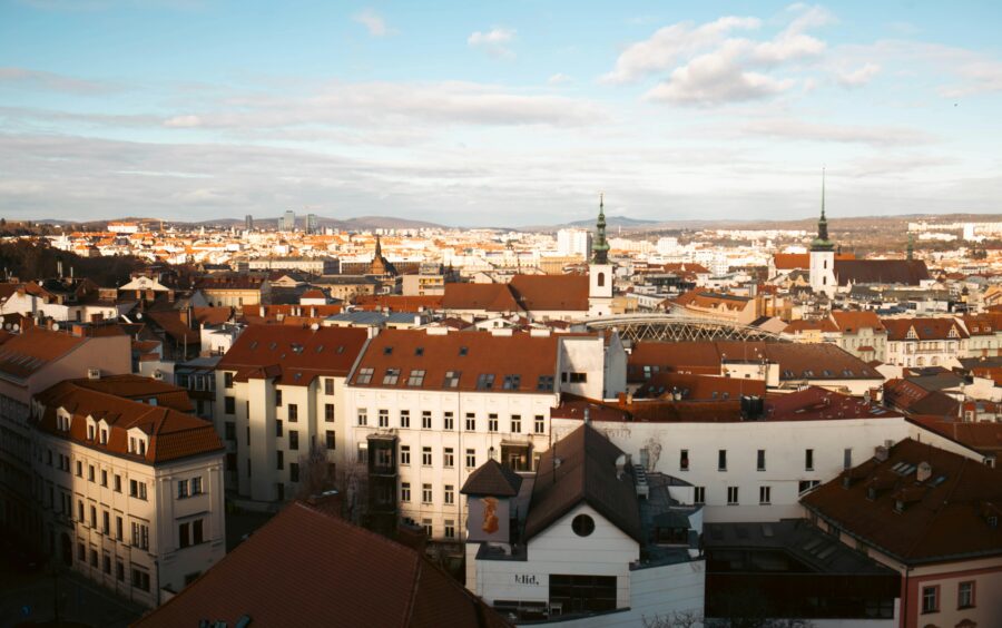 Aerial view of Brno historic center with medieval architecture