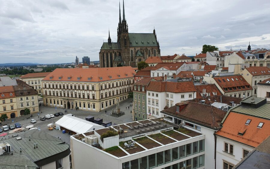 Aerial view of Cathedral of St. Peter and Paul in Brno old town