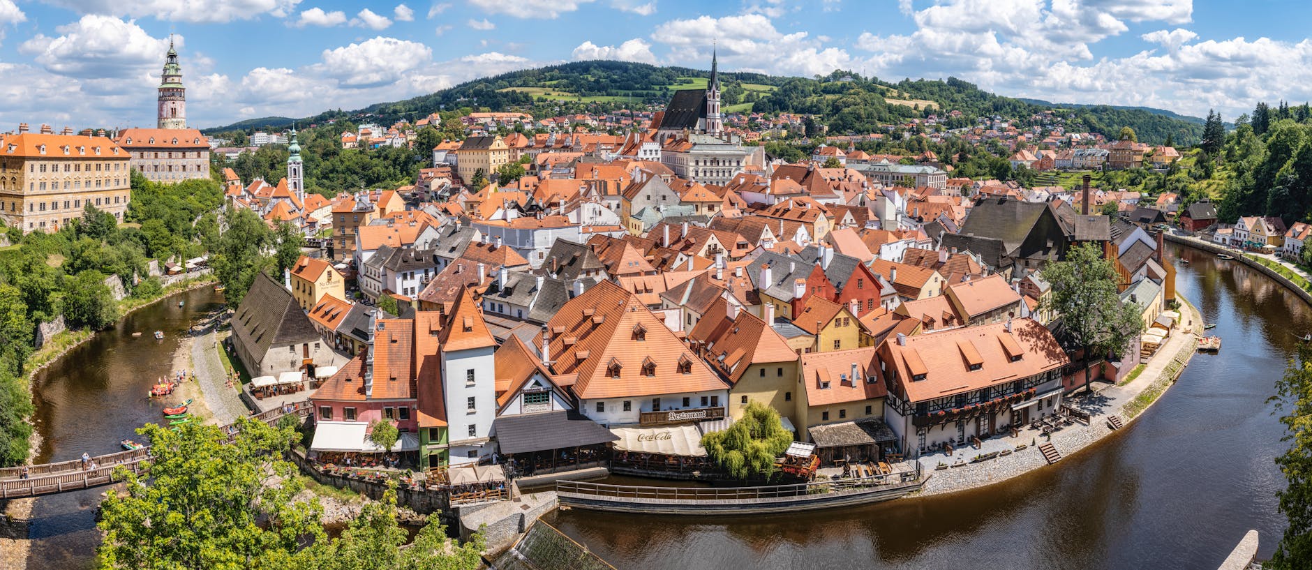 Aerial view of Český Krumlov historic town in the bend of the Vltava river, UNESCO World Heritage Site