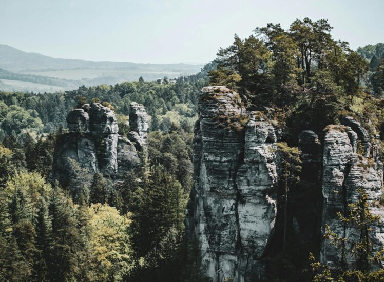 Majestic sandstone rock formations of Český ráj (Bohemian Paradise) rising above green forests