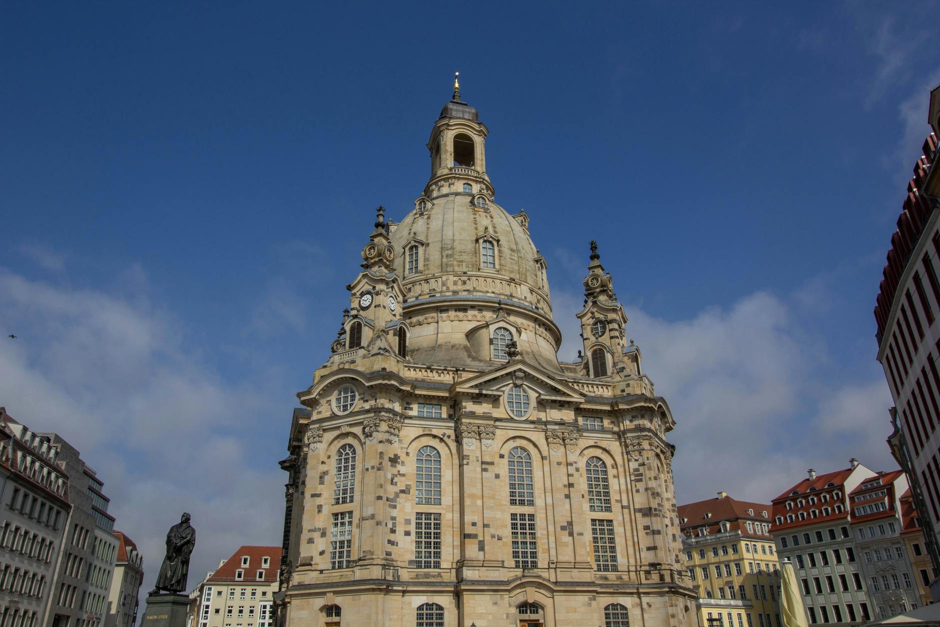 Dresden Frauenkirche baroque dome against clear blue spring sky