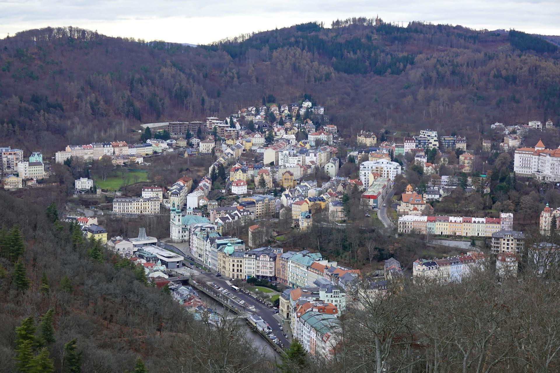 Breathtaking aerial view of Karlovy Vary spa town in Czechia