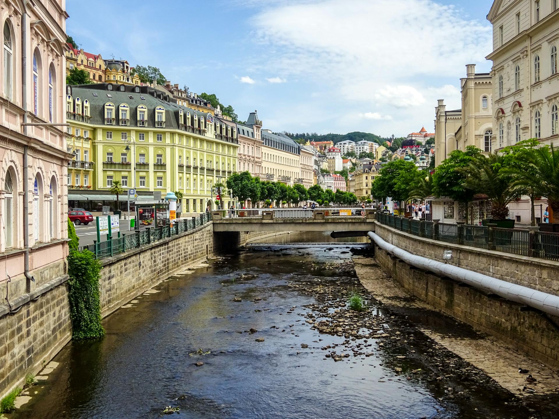 Charming street view in Karlovy Vary spa town Czech Republic