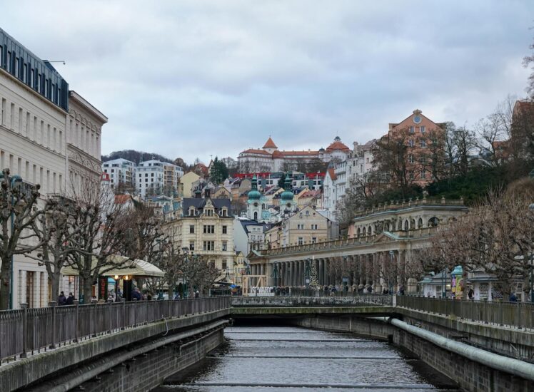 Panoramic view of Karlovy Vary townscape with the Tepla river and pastel buildings