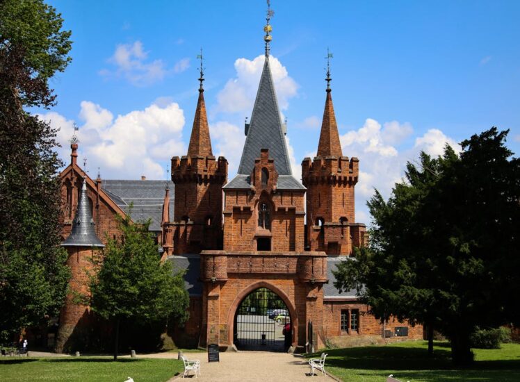 Czech castle facade with clear blue summer sky, Bohemia