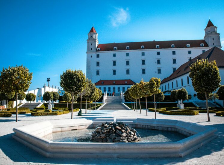 Kroměříž baroque garden with historic castle and central fountain