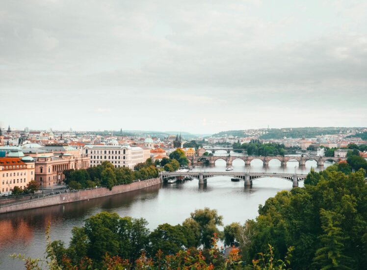 Aerial panoramic view of Prague with the Vltava River and historic bridges
