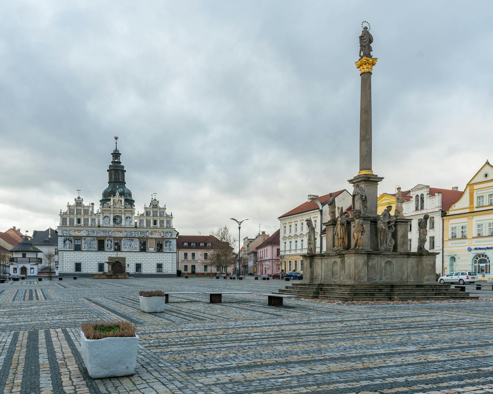 Telč historic square with colourful Renaissance arcaded burgher houses