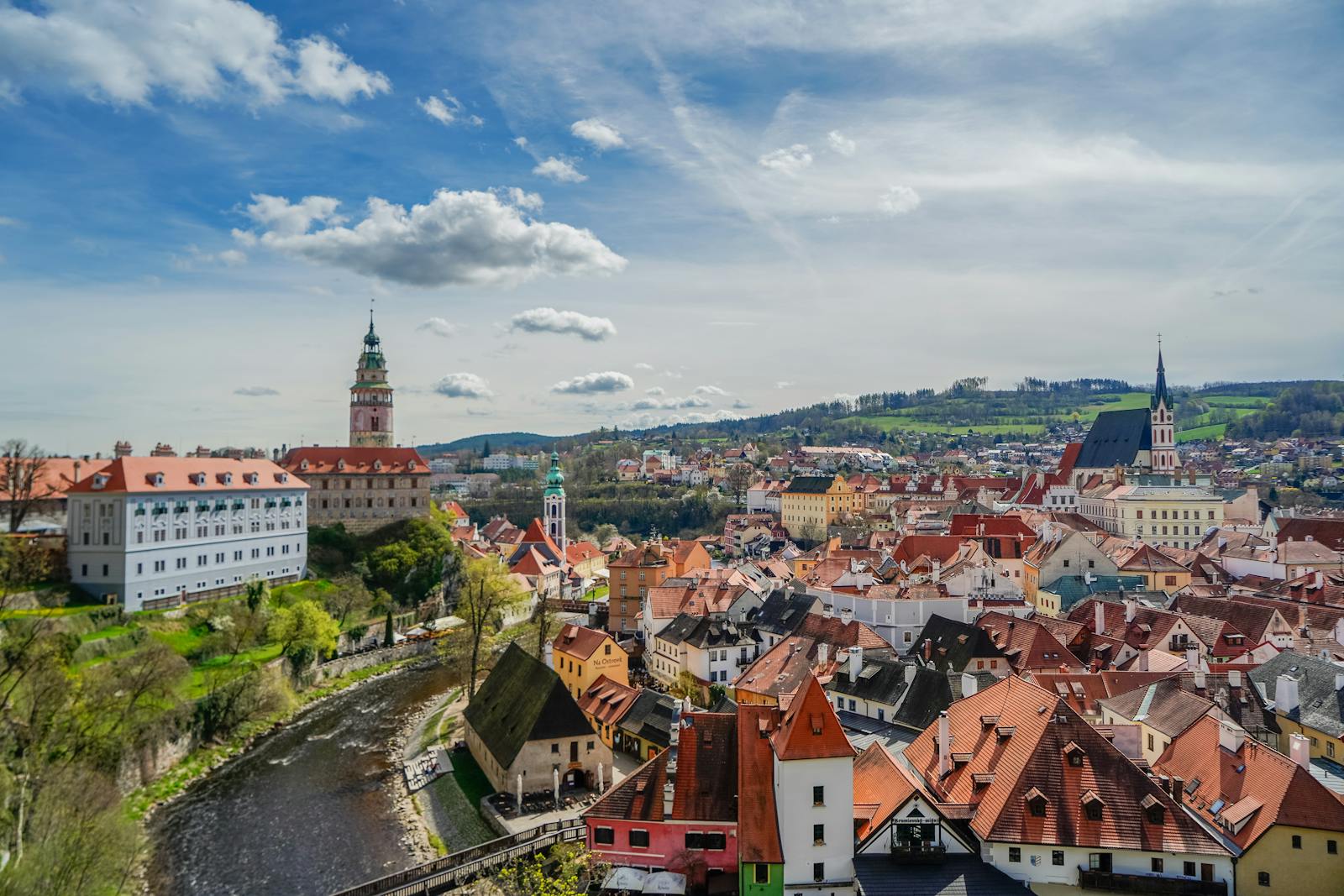 Aerial view of Český Krumlov historic cityscape with Vltava River — the most popular day trip from Prague for American visitors