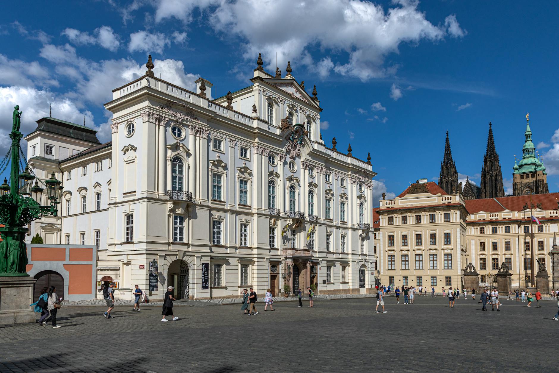 Beautiful daylight view of historical buildings and Prague Castle, Czech Republic.