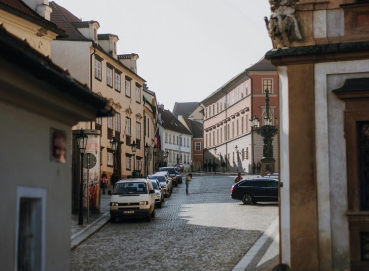 Cobblestone street in Prague Old Town — historic architecture on Dan Brown Prague walking tour