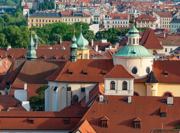Aerial view of Prague historic red tile rooftops